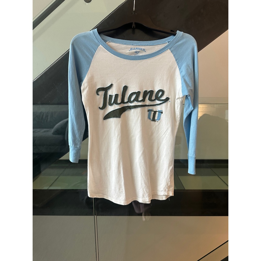 Banner 47 Tulane University Green Wave Raglan Baseball Tee Blue White Medium